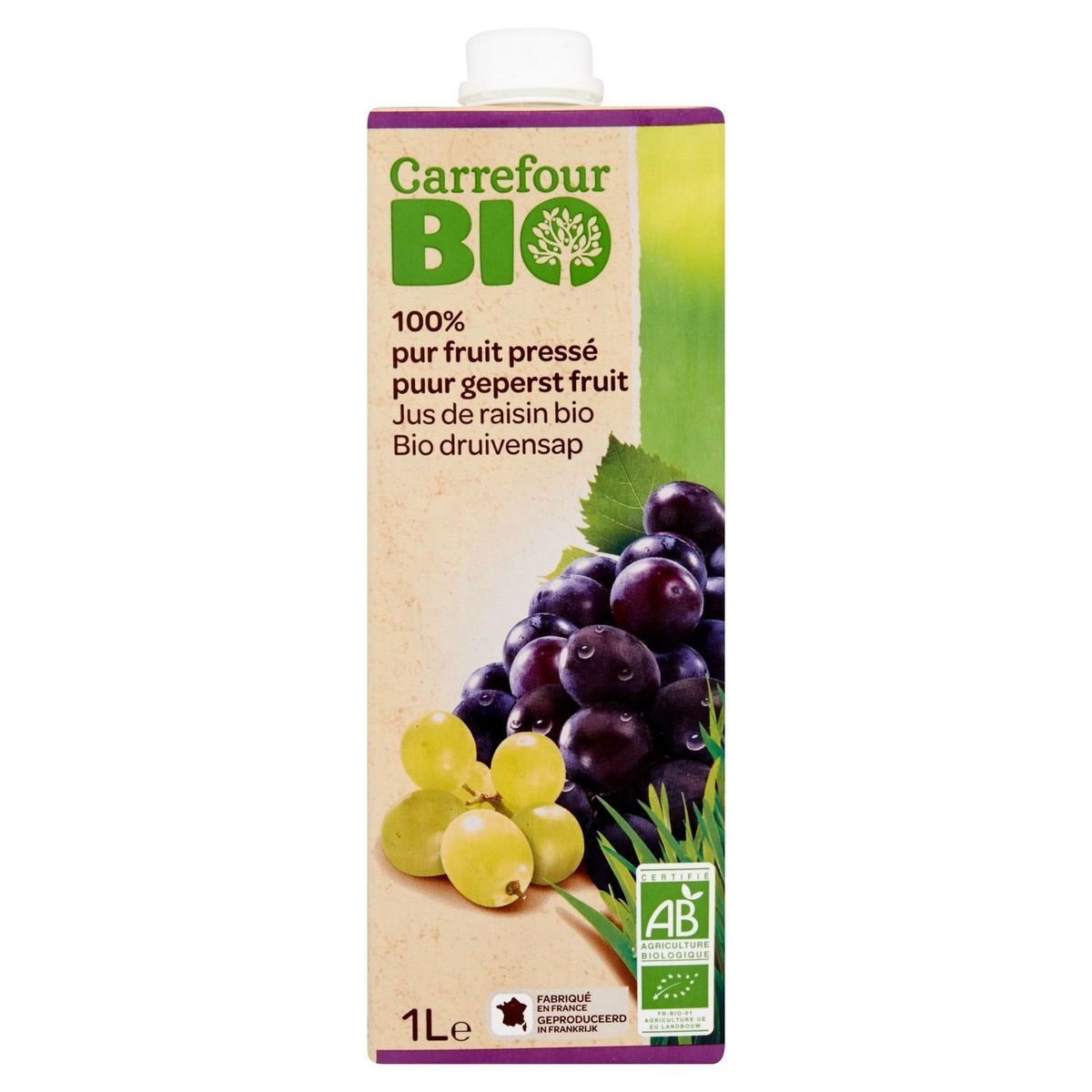 Carrefour Bio 100% Puur Geperst Fruit Bio Druivensap 1 L