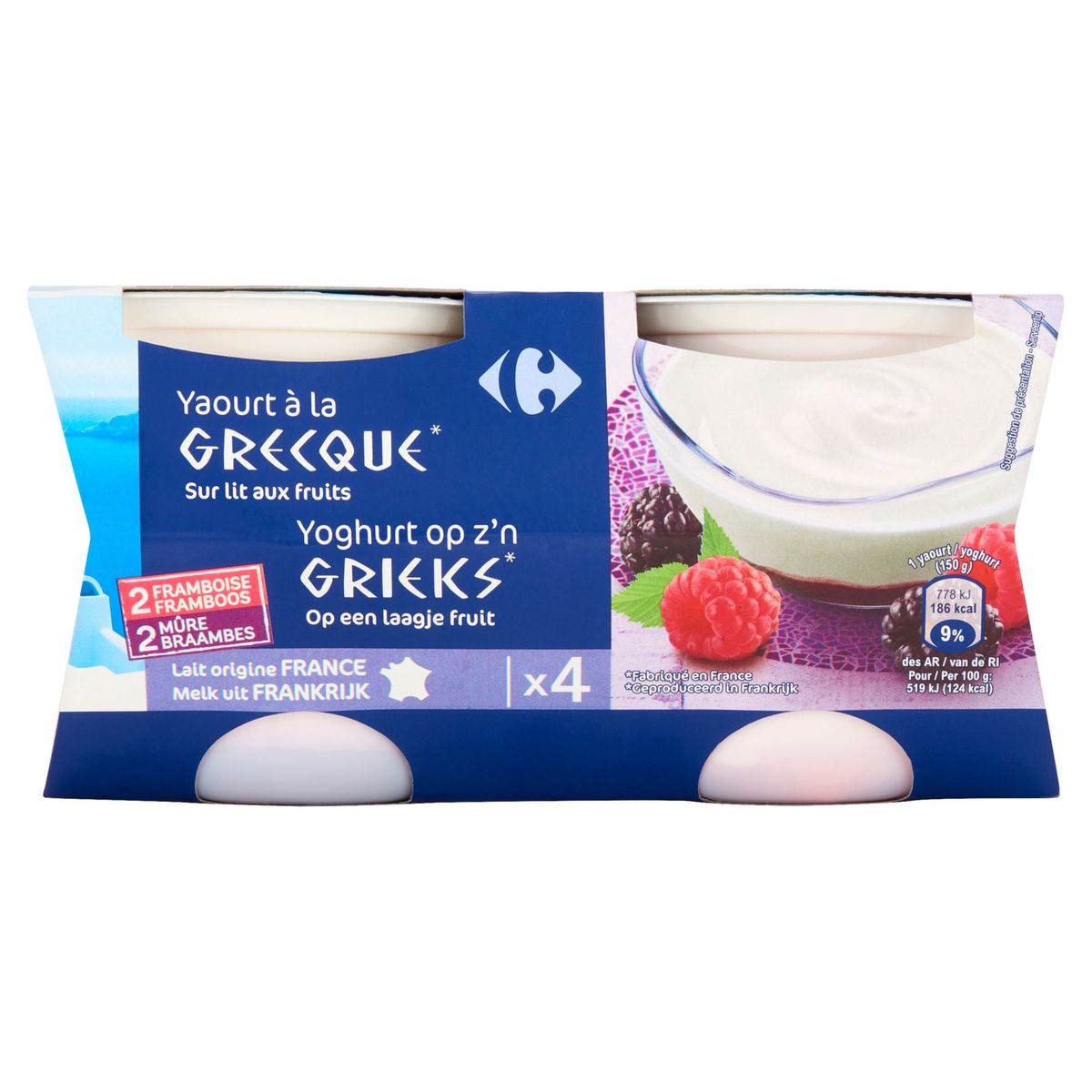 Carrefour Yoghurt op z'n Grieks Framboos Braambes 4 x 150 g