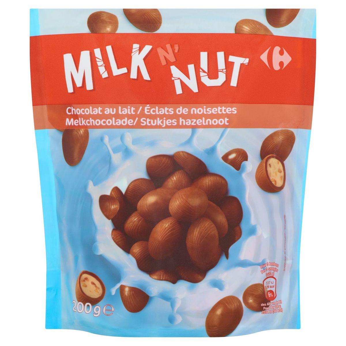Carrefour Milk n' Nut Melkchocolade Stukjes Hazelnoot 200 g