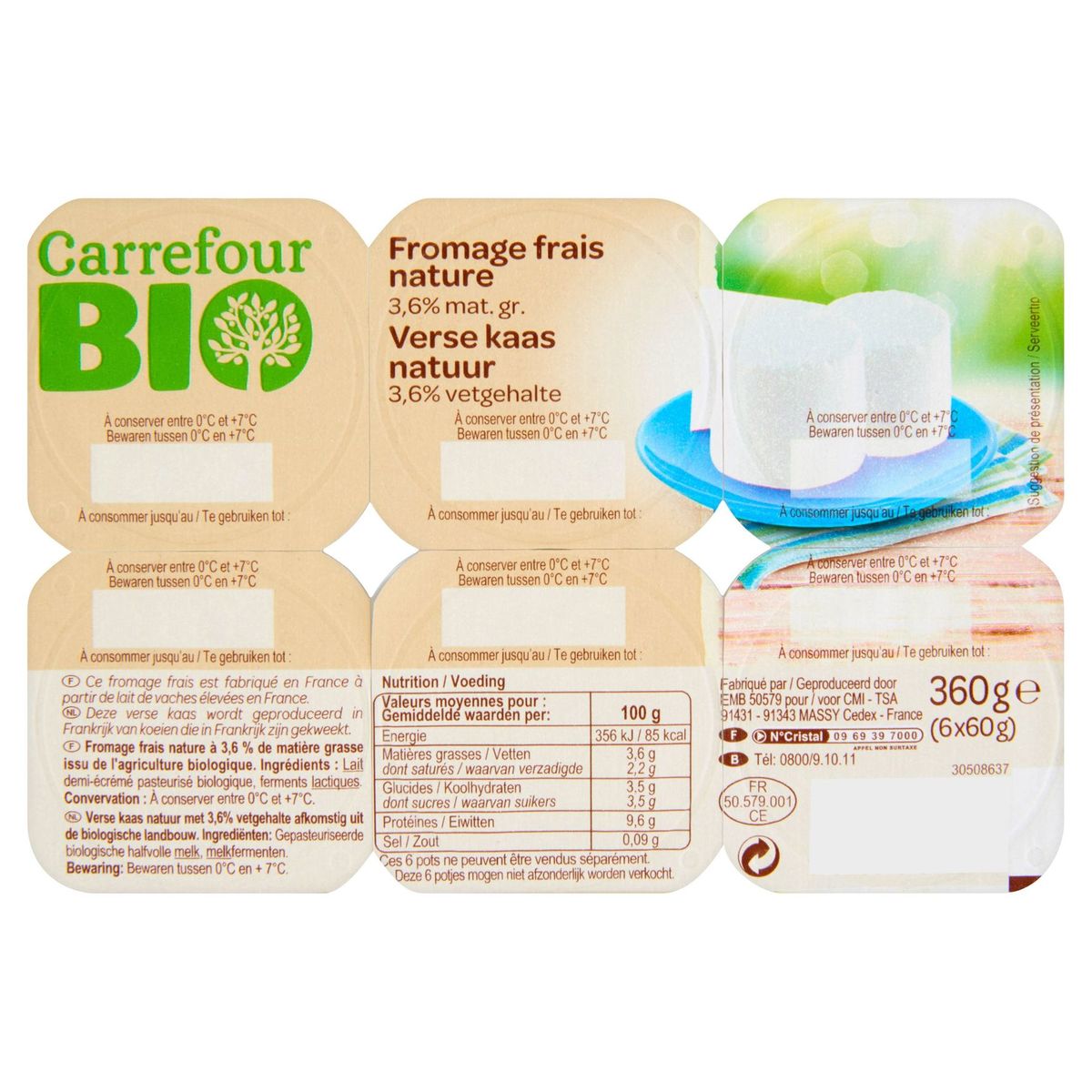 Carrefour Bio Fromage Frais Nature 6 x 60 g