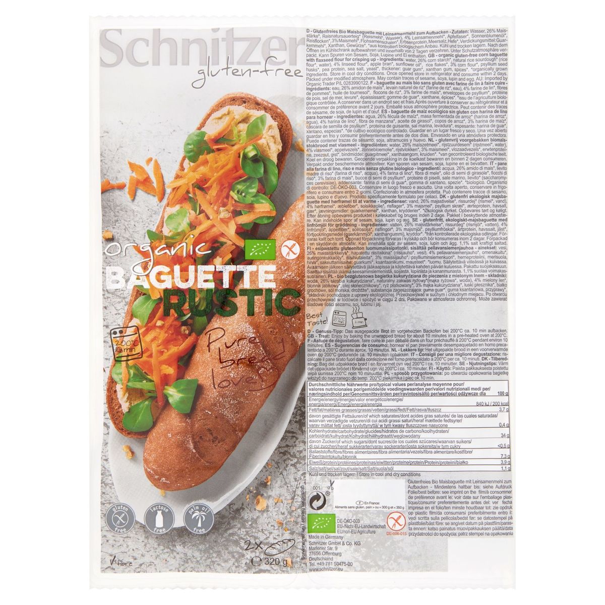 Schnitzer Gluten-Free Organic Baguette Rustic 2 Pièces 320 g