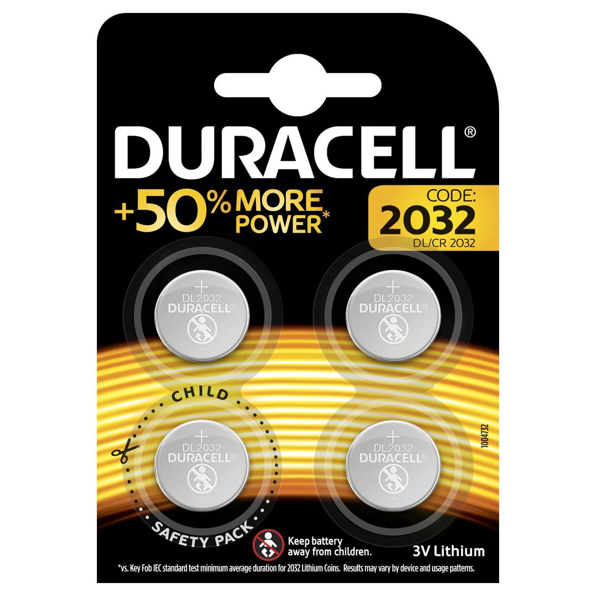 Duracell DL2032 Lithium 4 Piles Bouton 3V