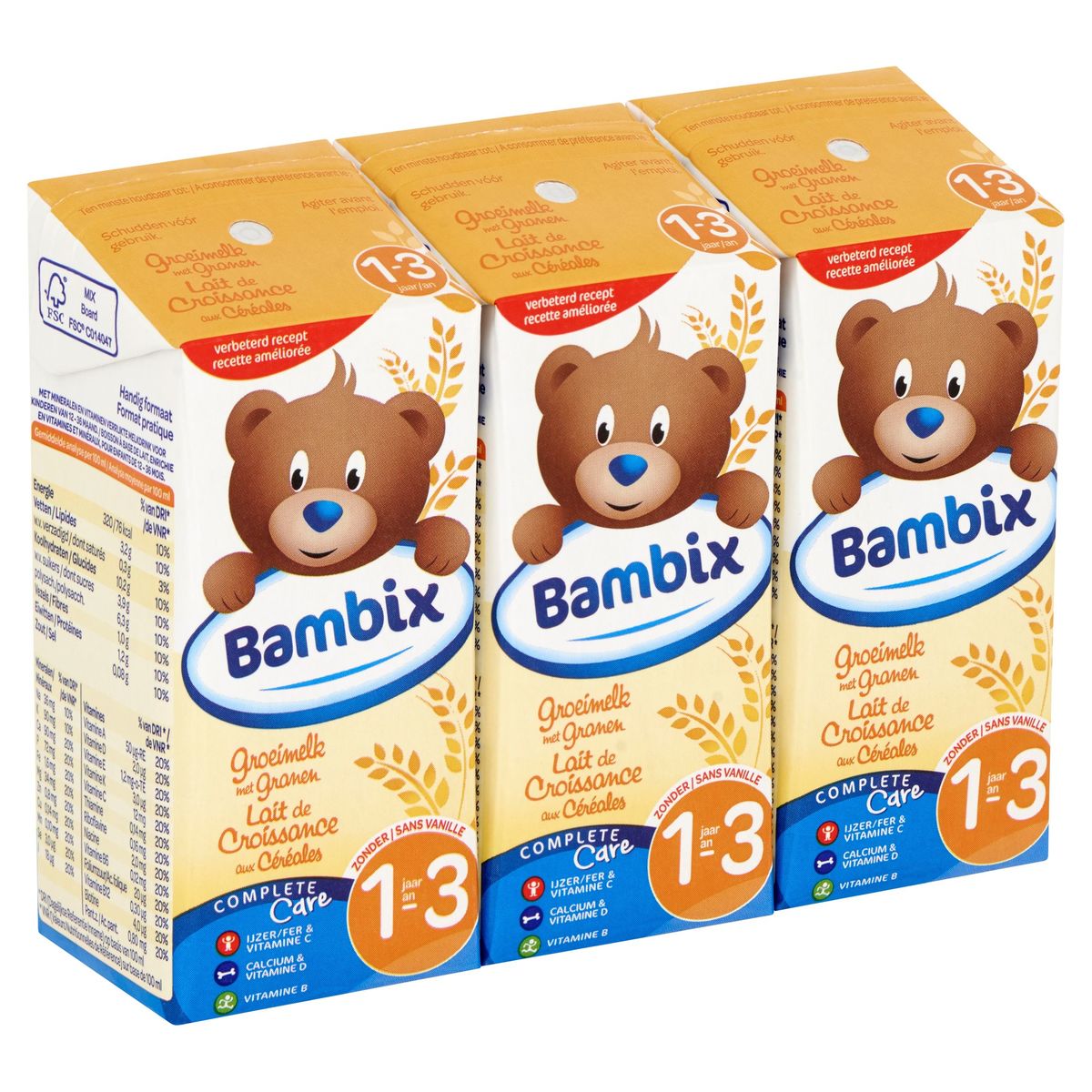 Bambix Groeimelk met Granen zonder Vanille 1-3 Jaar 3 x 200 ml
