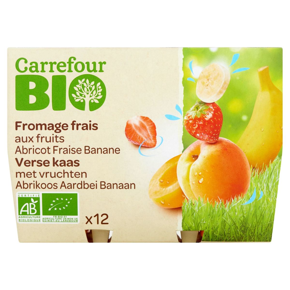 Carrefour Bio Fromage Frais aux Fruits Abricot Fraise Banane 12 x 50 g