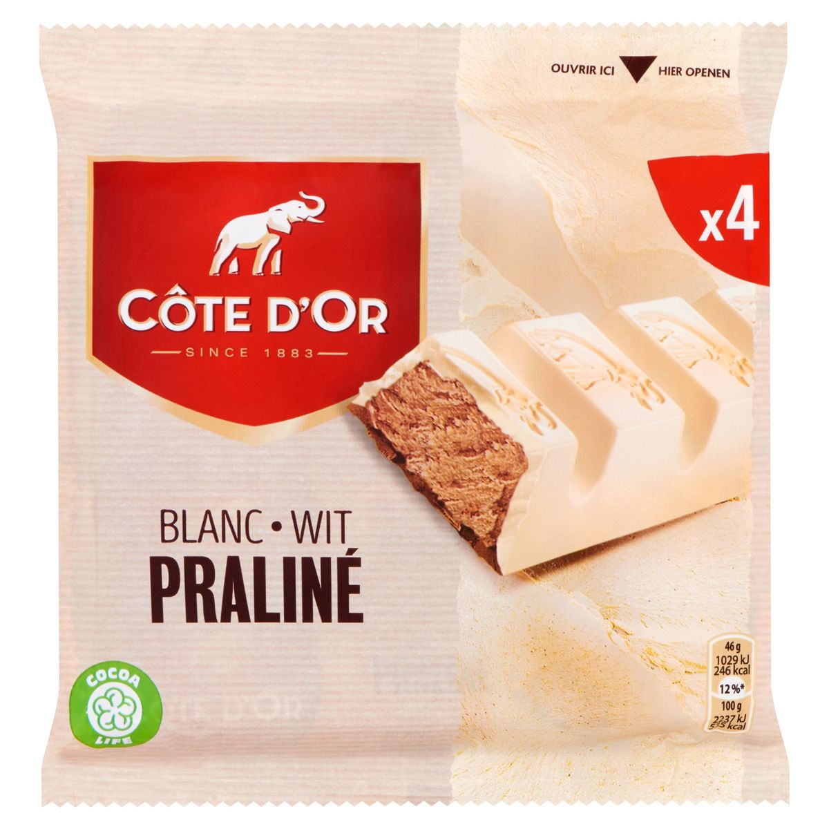Côte d'Or Barres De Chocolat Blanc Praliné 4 x 46 g