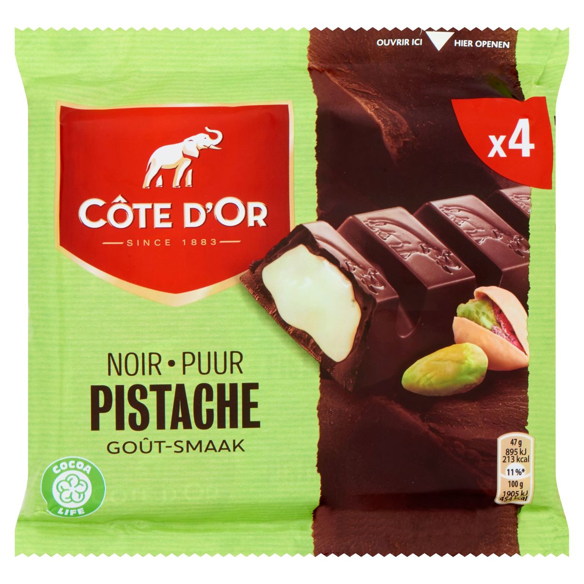 Côte d'Or Chocolade Repen Pure Chocolade Pistache 4 x 47 g