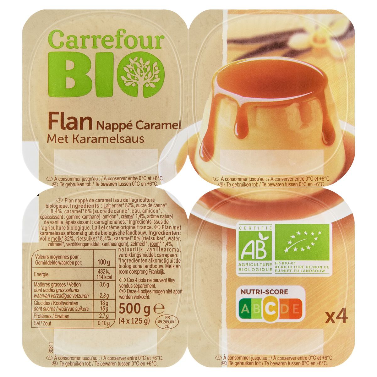 Carrefour Bio Flan met Karamelsaus 4 x 125 g