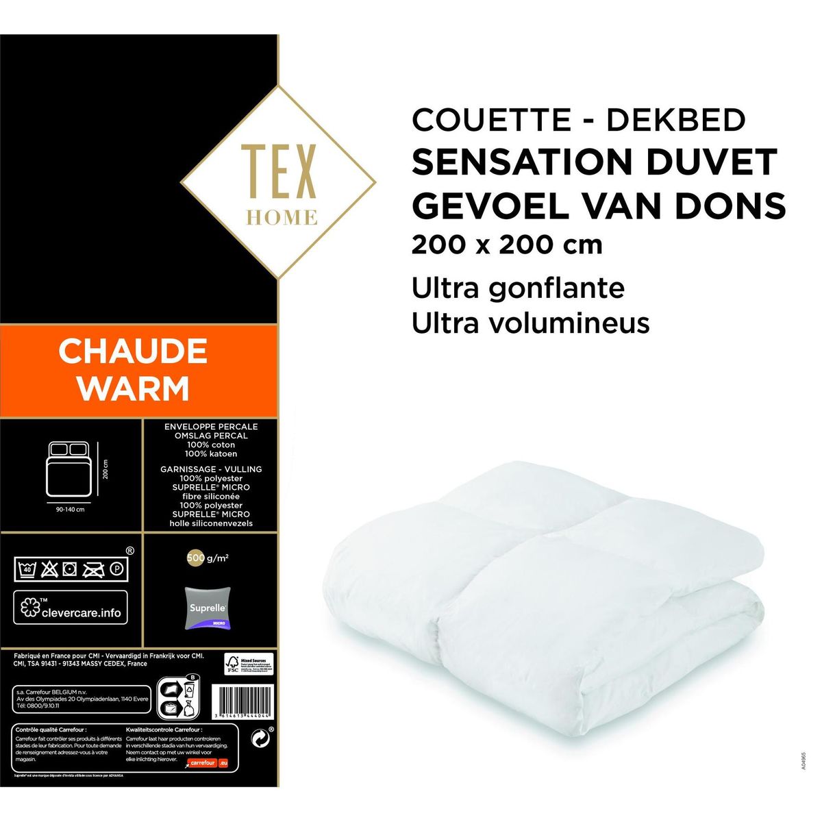 In hoeveelheid binnenplaats wrijving TEX HOME Dekbed 200x200 cm Gevoel van Dons Warm | Carrefour Site