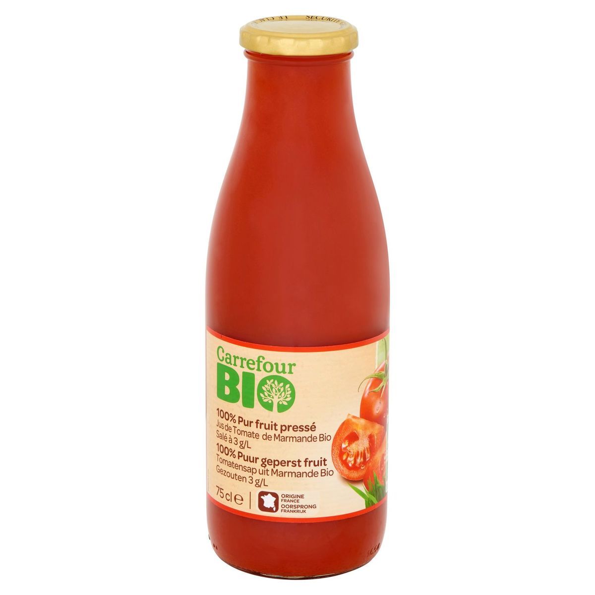 Carrefour Bio 100% Puur Geperst Fruit Tomatensap Bio 75 cl