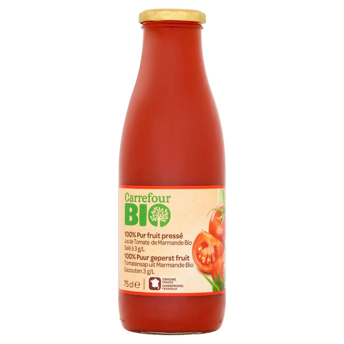 Carrefour Bio 100% Puur Geperst Fruit Tomatensap Bio 75 cl