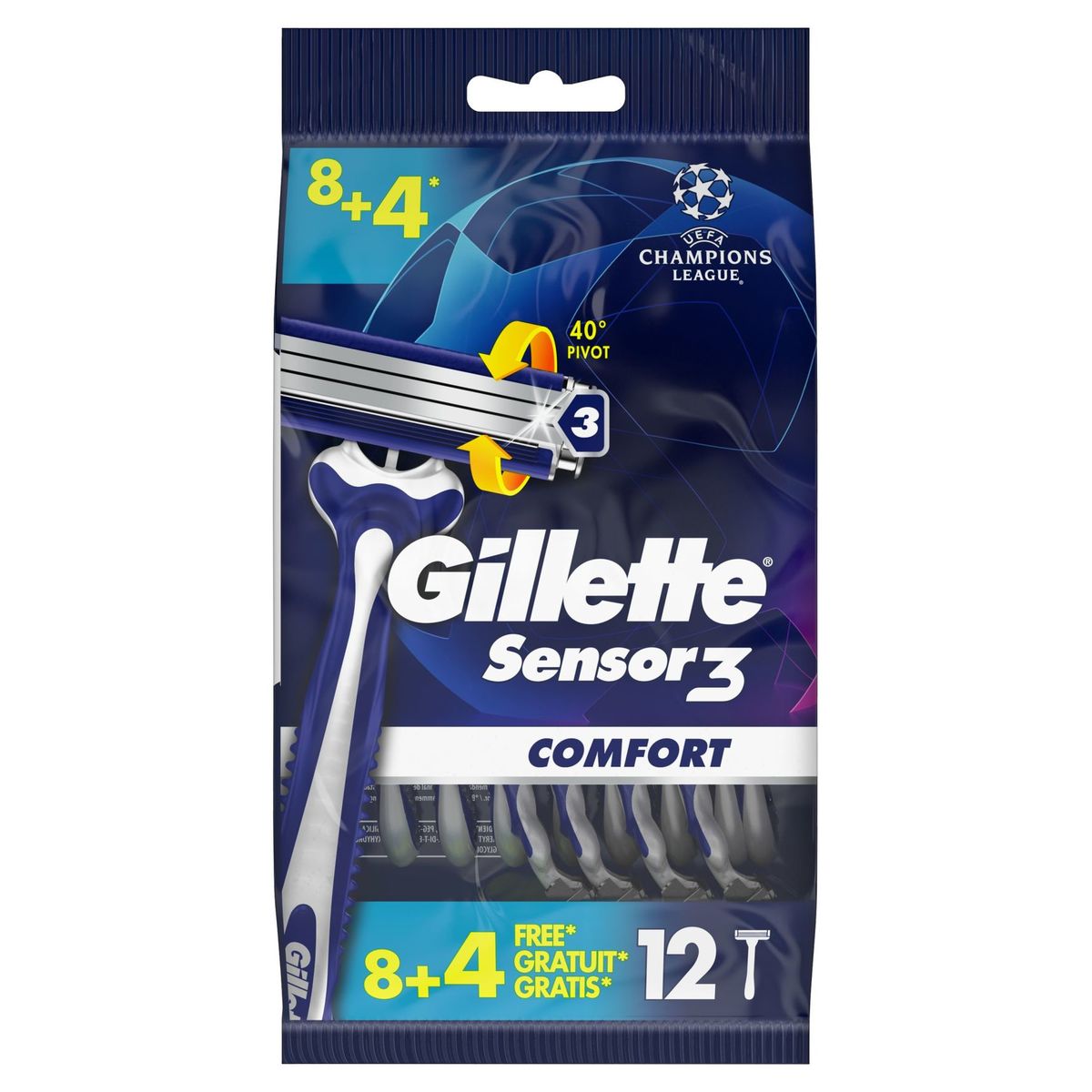 Gillette Sensor3 Comfort Wegwerpmesje Voor Mannen, Verpakking Van 8+4