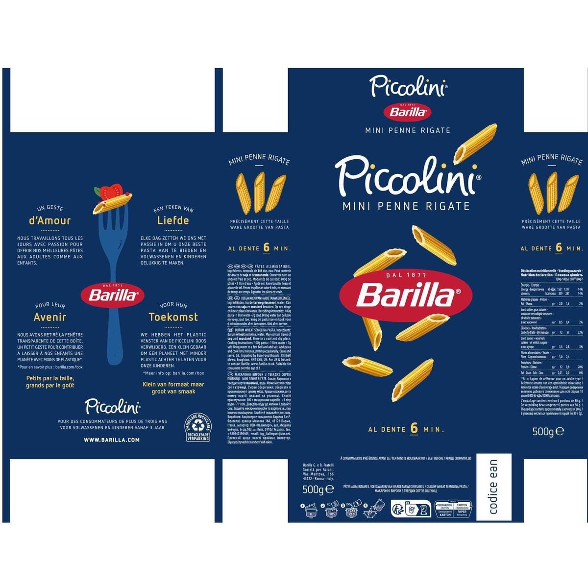 Barilla Pâtes Piccolini Mini Penne Rigate 500 g