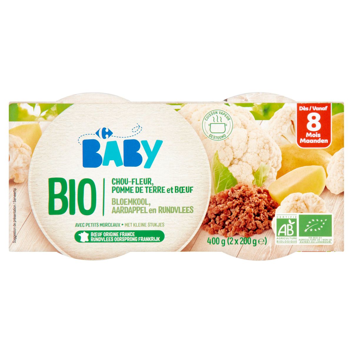 Carrefour Baby Bio Chou-Fleur, Pomme de Terre et Boeuf 8M+ 2 x 200 g