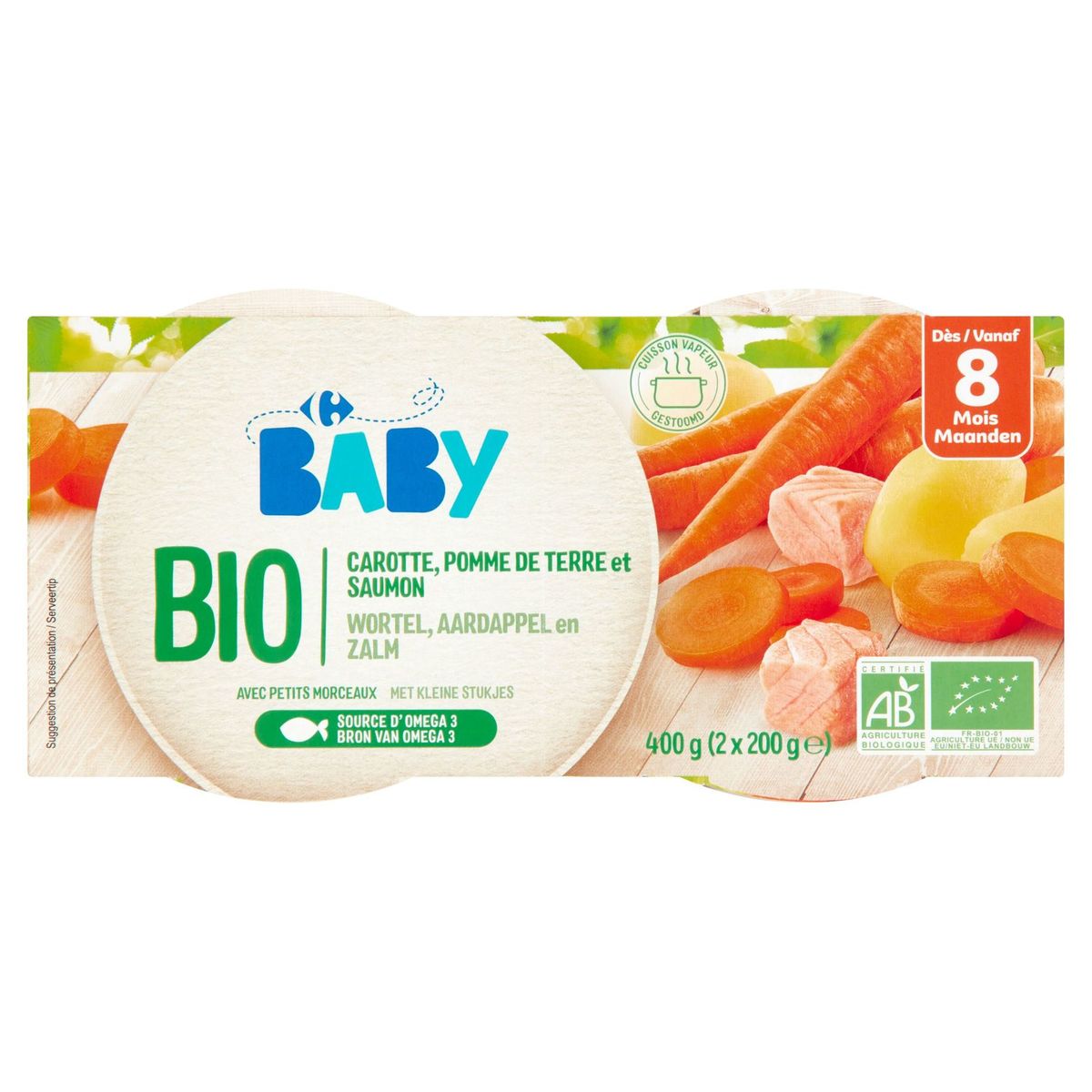 Carrefour Baby Bio Carotte, Pomme de Terre et Saumon 8M+ 2 x 200 g