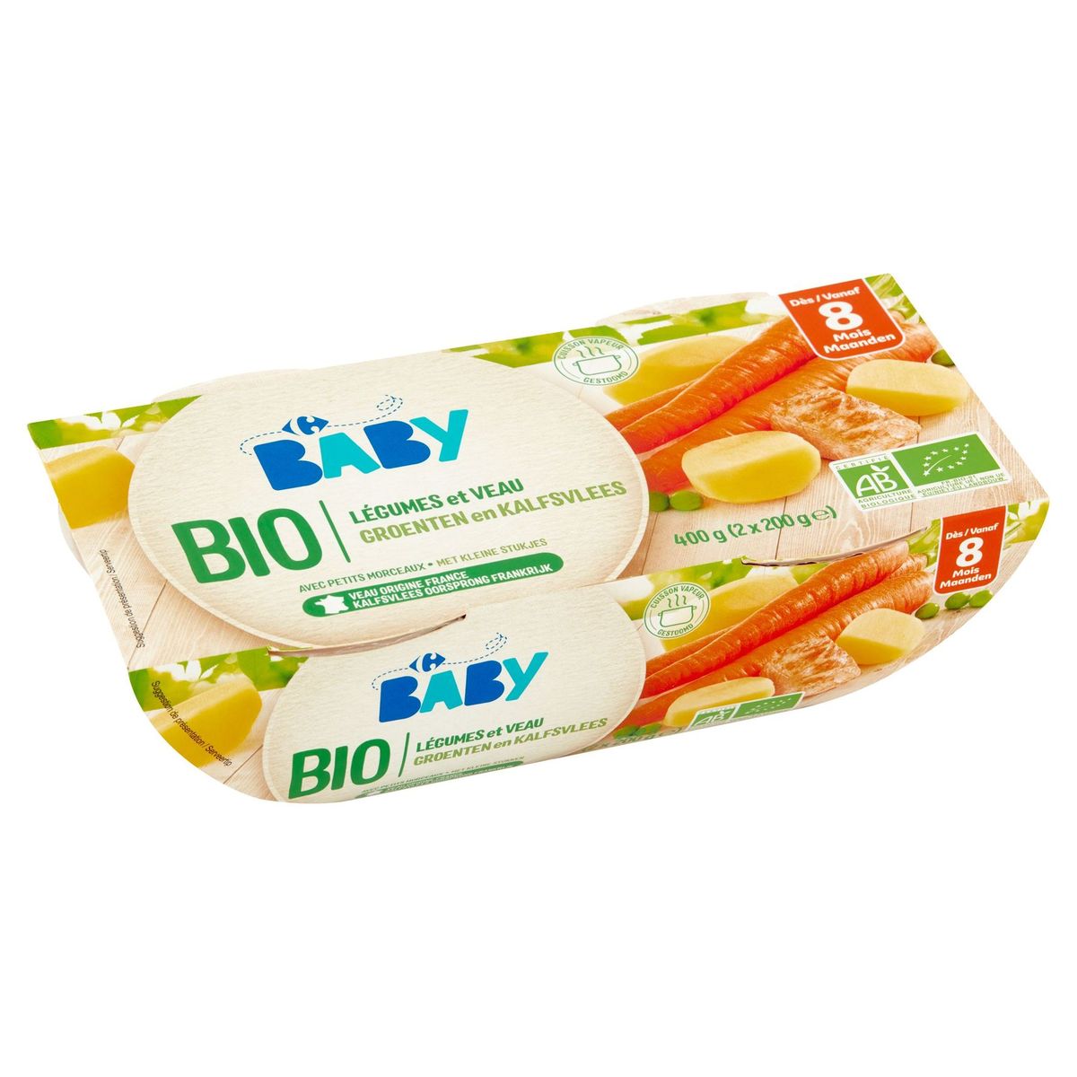 Carrefour Baby Bio Groenten en Kalfsvlees vanaf 8 Maanden 2 x 200 g