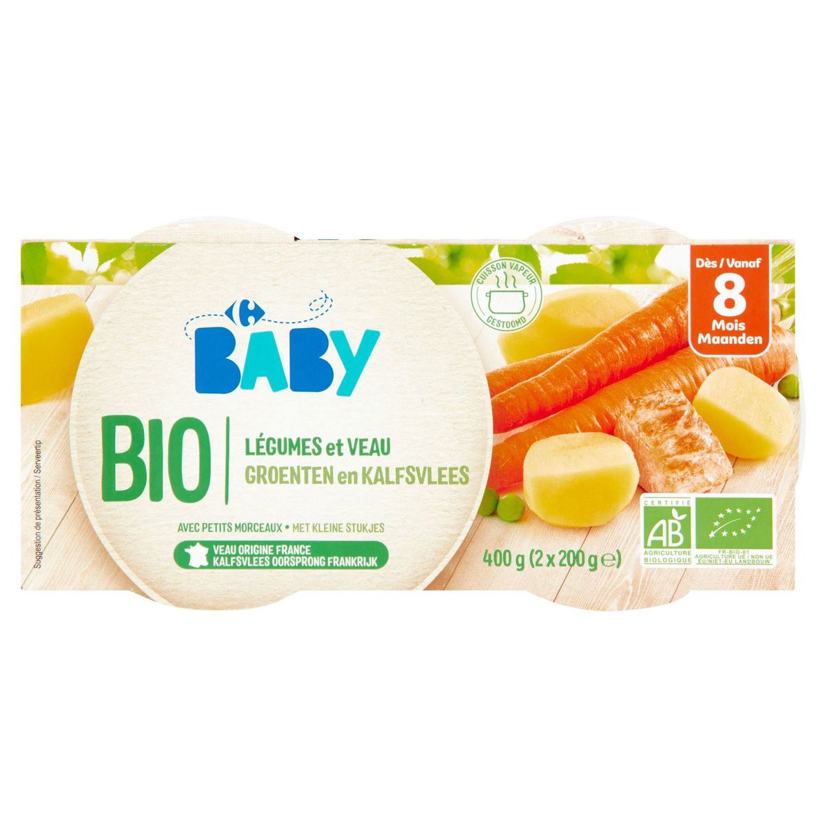 Carrefour Baby Bio Groenten en Kalfsvlees vanaf 8 Maanden 2 x 200 g