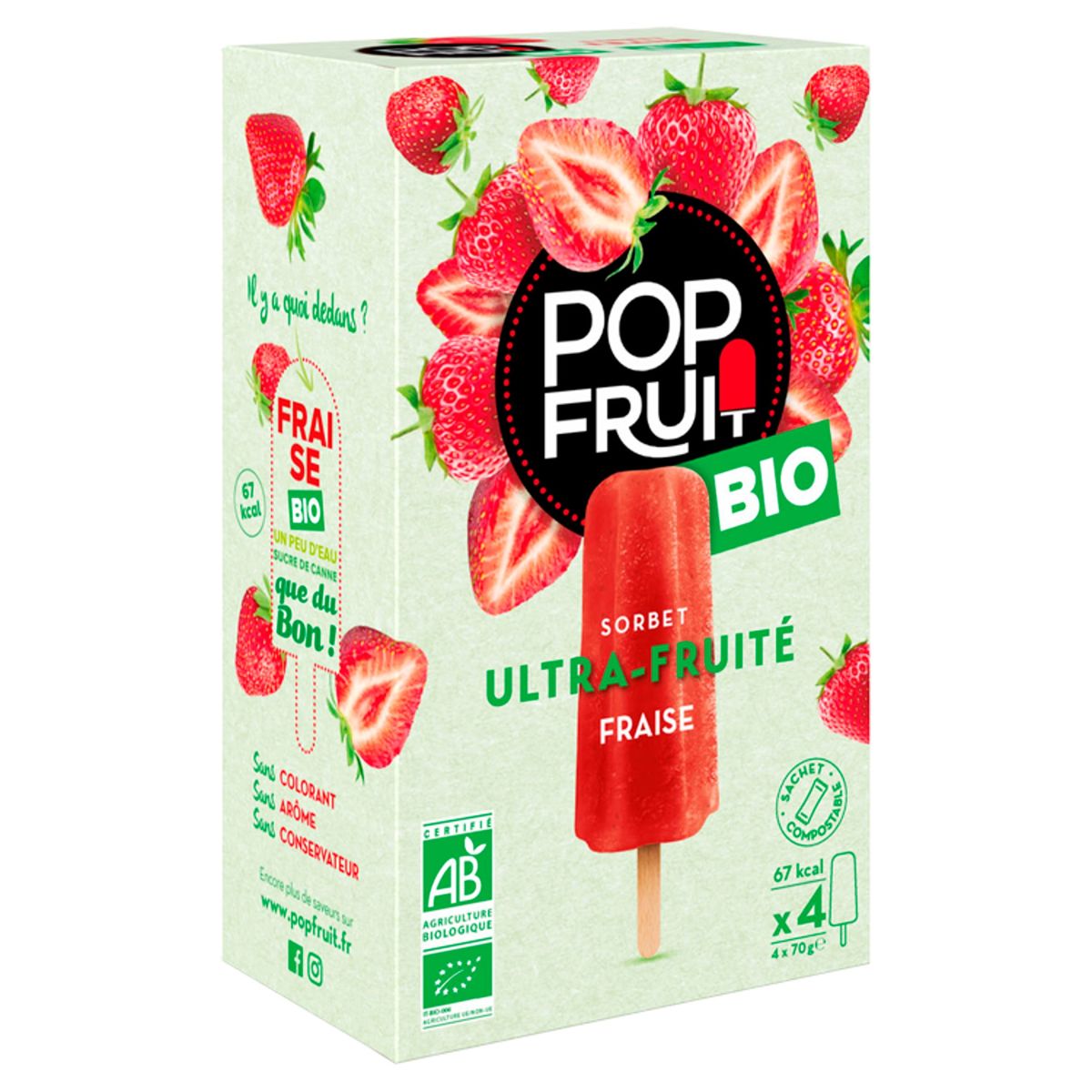 Pop Fruit Bio Organic Sorbet Ultra-Fruité Fraise 4 x 70 g
