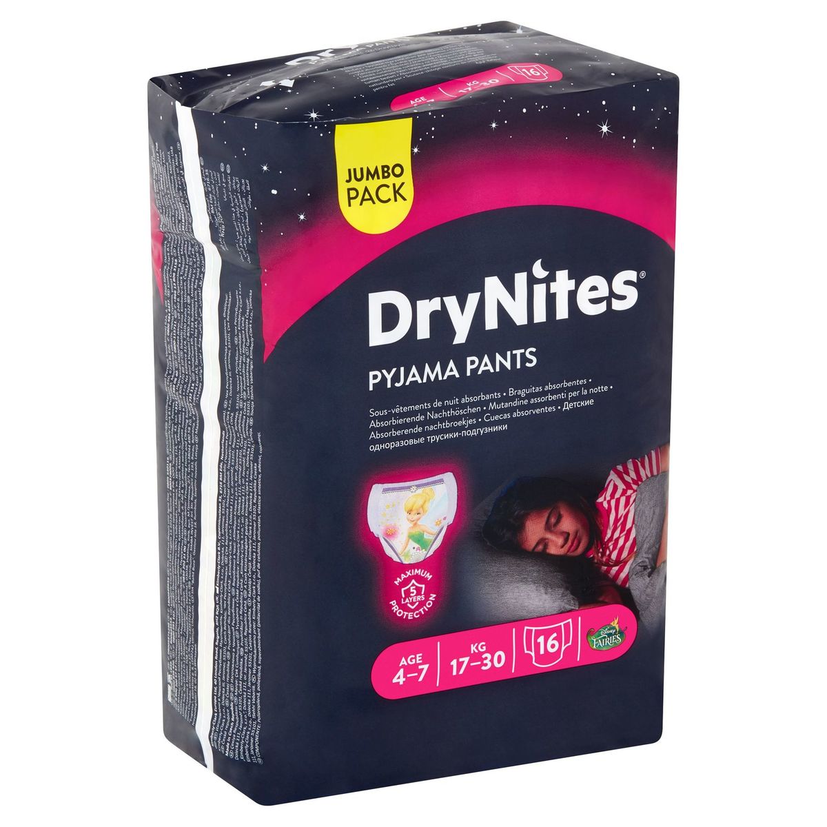 DryNites Pyjama Pants Girl 4-7 Age 17-30 kg Jumbo Pack 16 Pièces