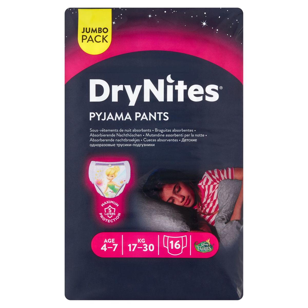 DryNites Pyjama Pants Girl 4-7 Age 17-30 kg Jumbo Pack 16 Pièces