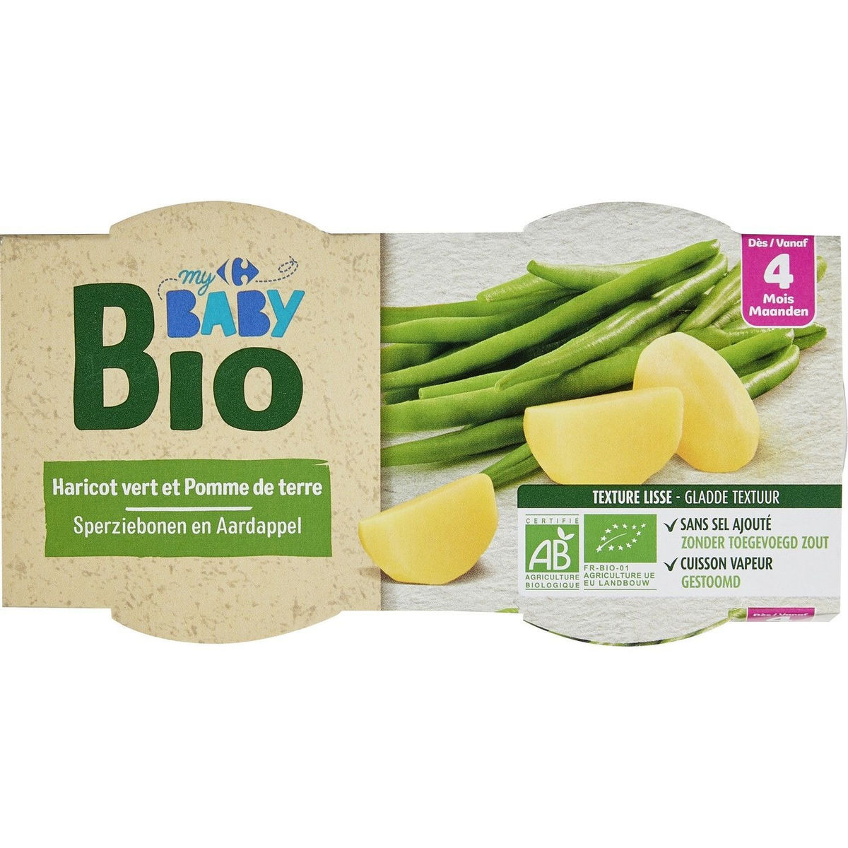 Carrefour Baby Bio Haricot Vert et Pomme de Terre dès 4 Mois 2 x 120 g