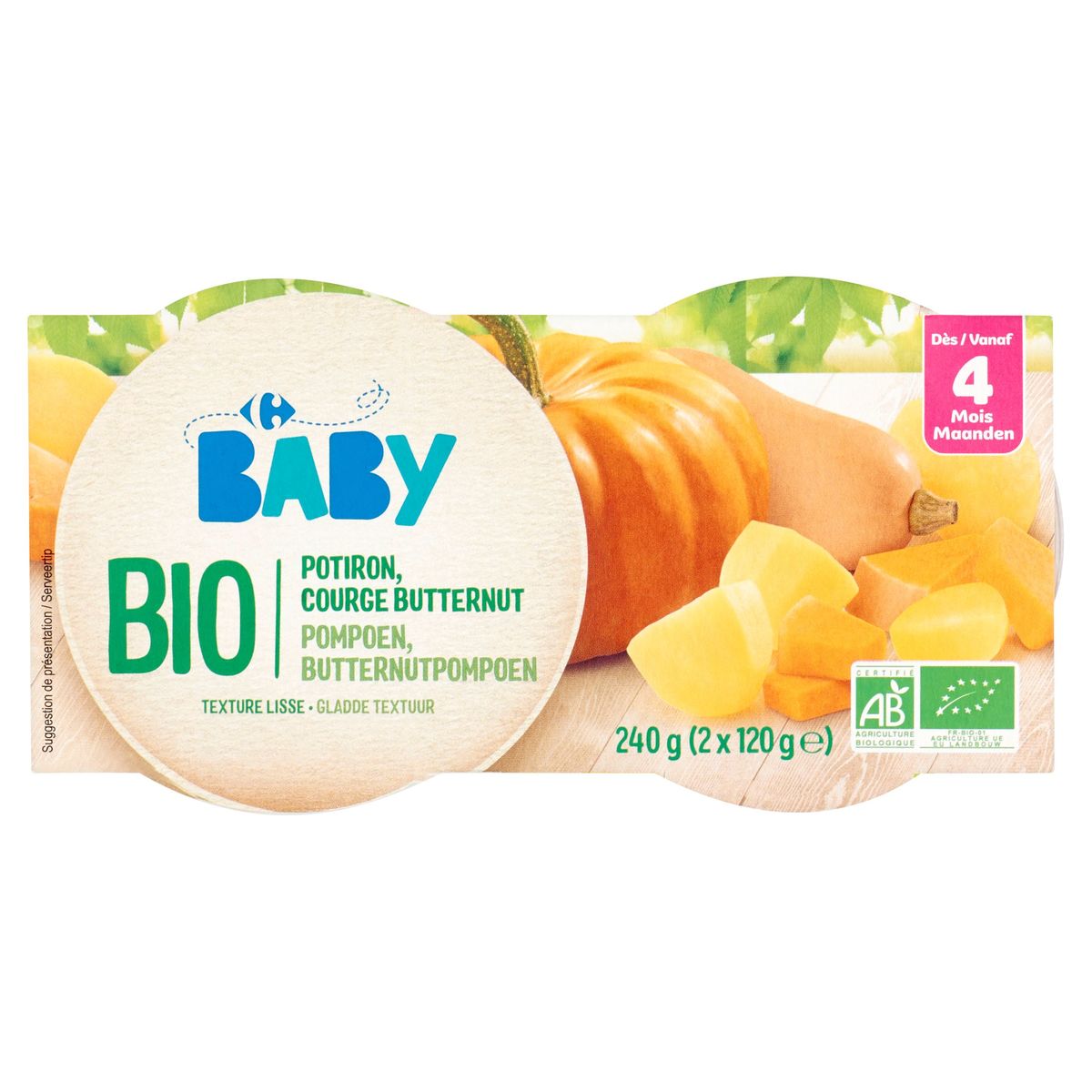 Carrefour Baby Bio Potiron, Courge Butternut dès 4 Mois 2 x 120 g
