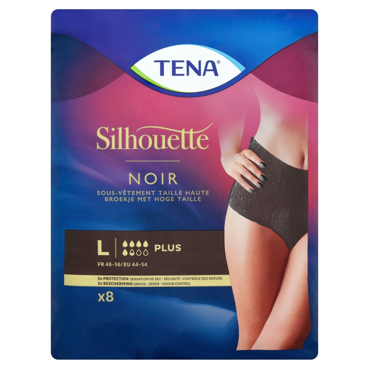 Tena Silhouette Plus Noir Sous-Vêtement Taille Haute L 8 Pièces