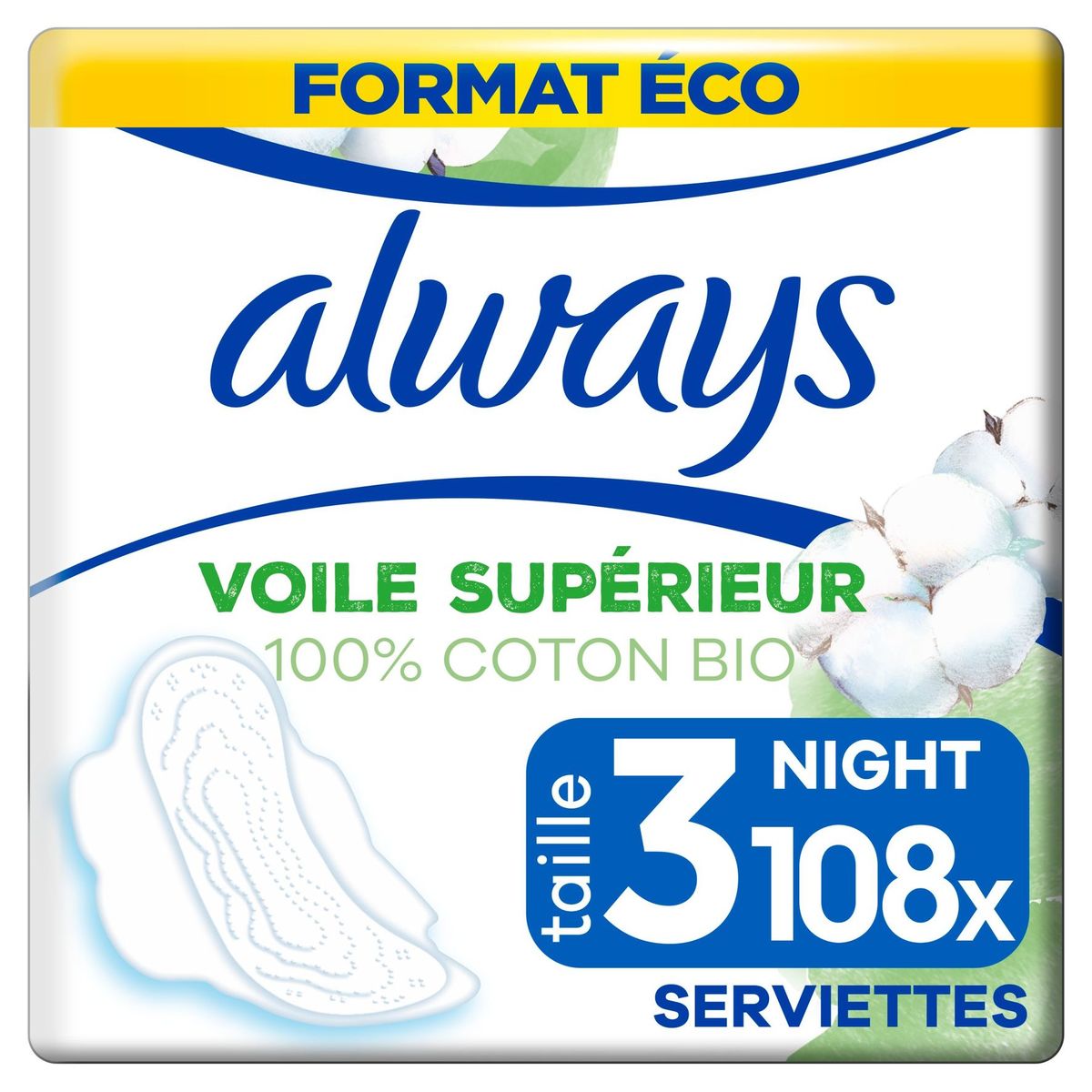 Always Cotton Protection Night Taille 3 Serviettes Avec Ailettes x9