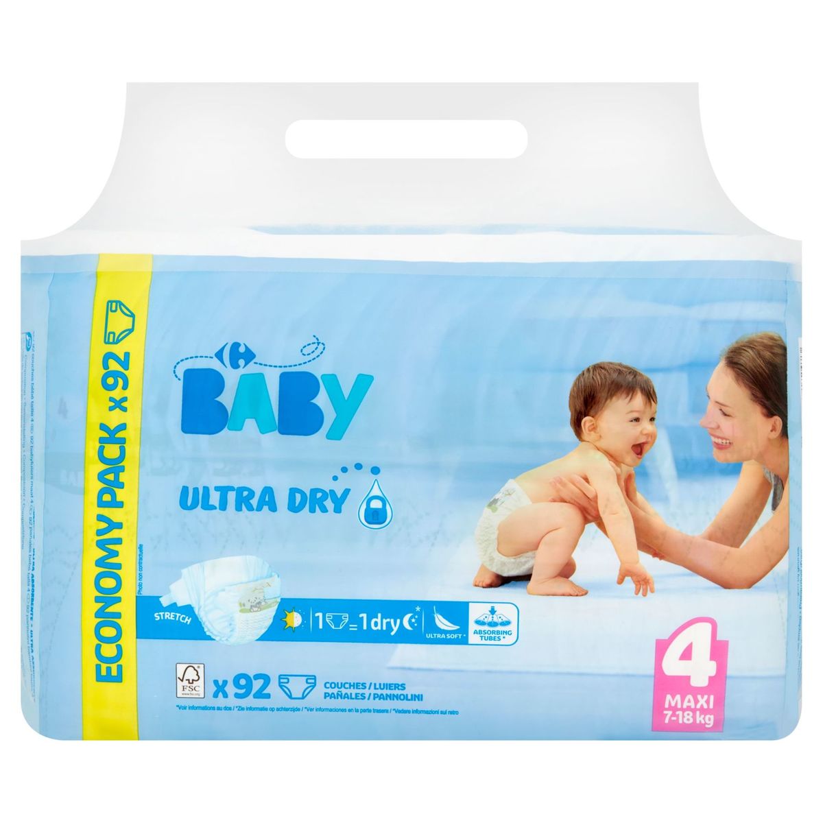 Carrefour Baby Ultra Dry 4 Maxi 7-18 kg Economy Pack 92 Couches