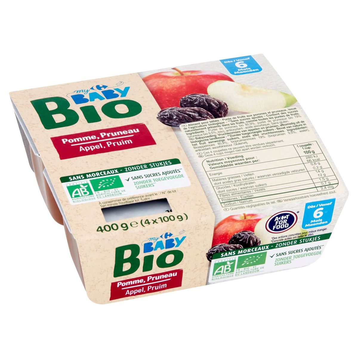 Carrefour Baby Bio Appel, Pruim vanaf 6 Maanden 4 x 100 g