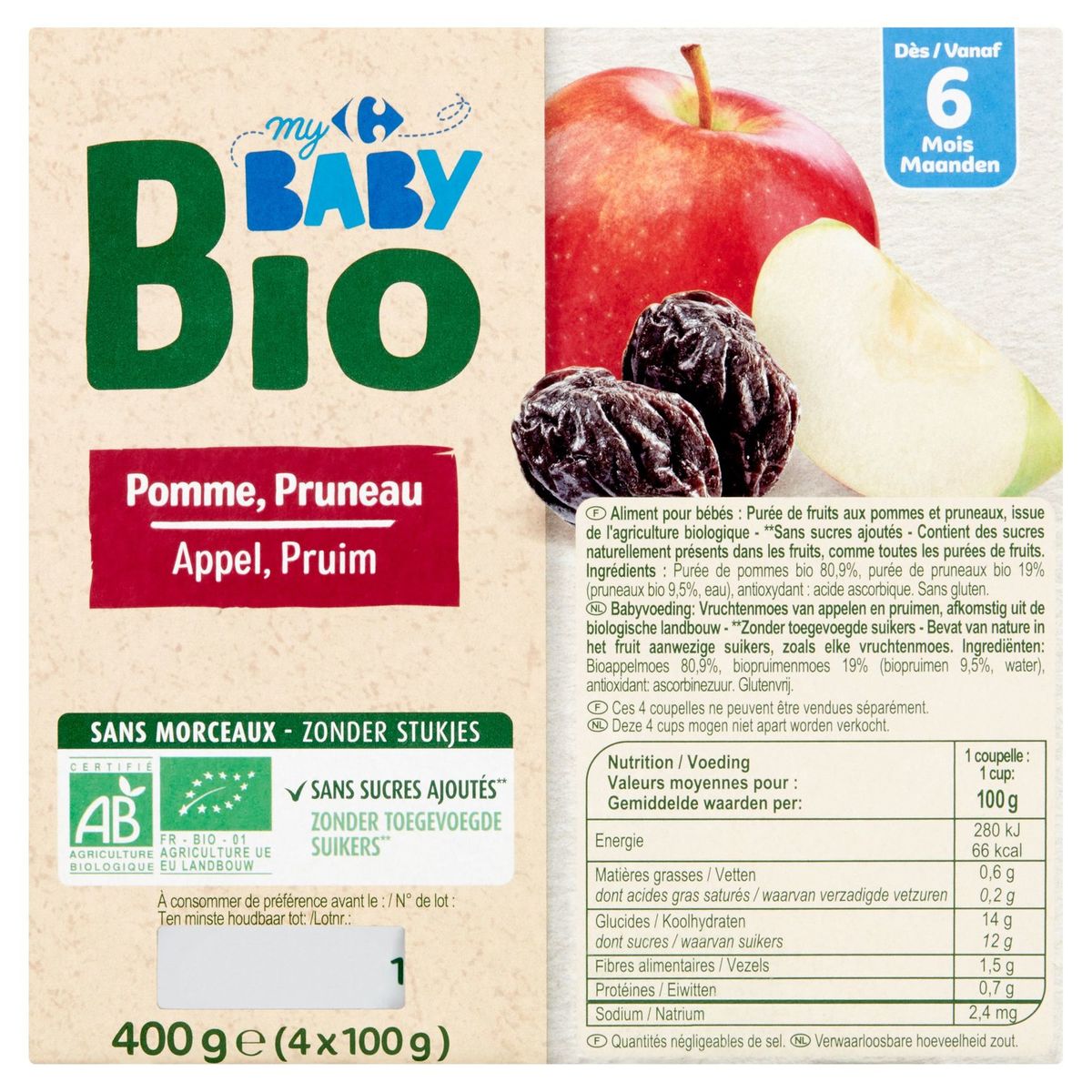 Carrefour Baby Bio Appel, Pruim vanaf 6 Maanden 4 x 100 g