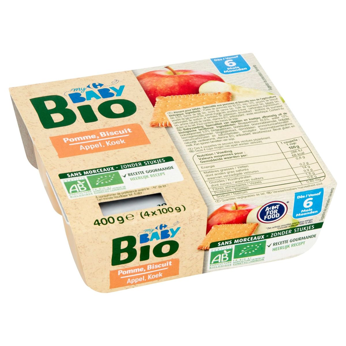 Carrefour Baby Bio Appel, Koek vanaf 6 Maanden 4 x 100 g