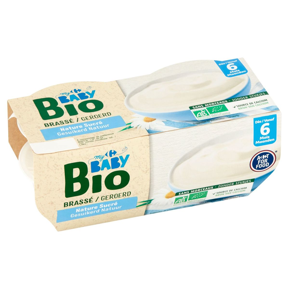Carrefour Baby Bio Geroerd Gesuikerd Natuur vanaf 6 Maanden 4 x 100 g