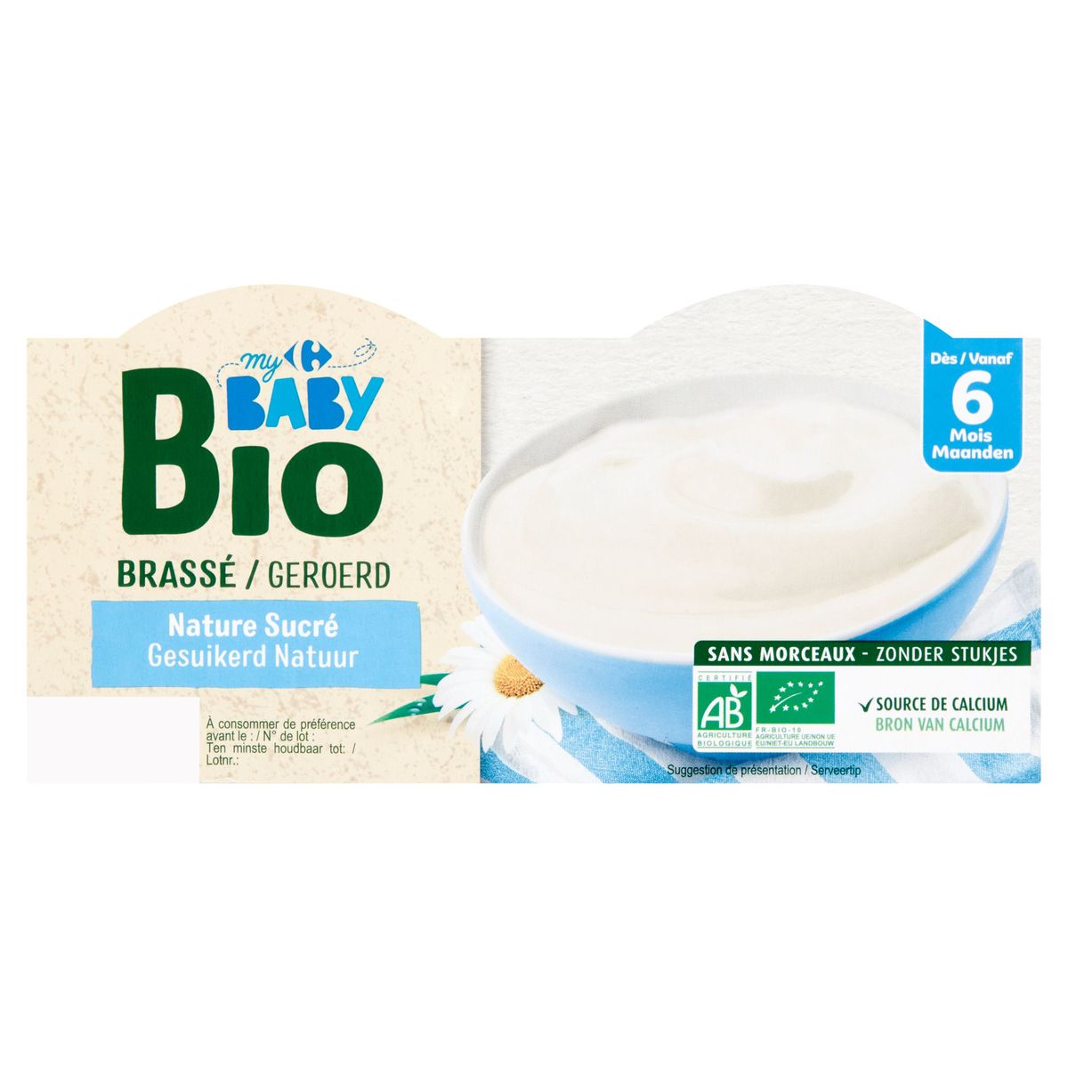 Carrefour Baby Bio Geroerd Gesuikerd Natuur vanaf 6 Maanden 4 x 100 g