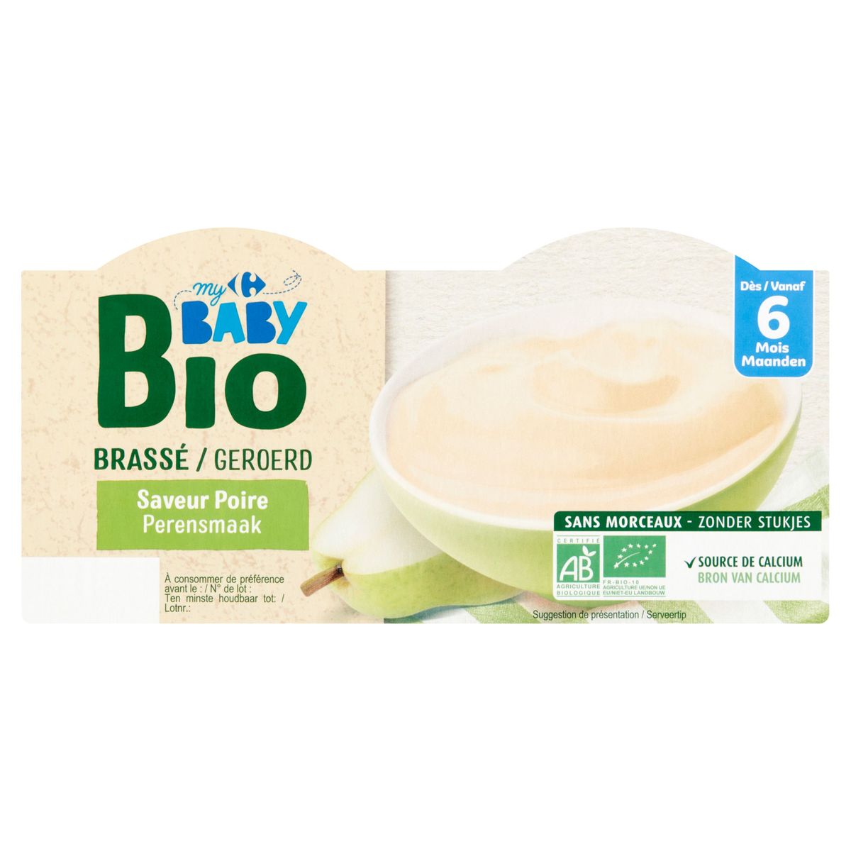 Carrefour Baby Bio Brassé Saveur Poire dès 6 Mois 4 x 100 g