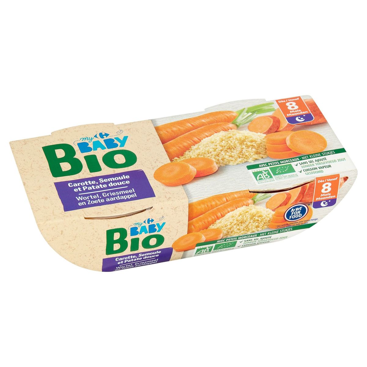 Carrefour Baby Bio Wortel, Griesmeel en Zoete Aardappel 8M+ 2 x 200 g