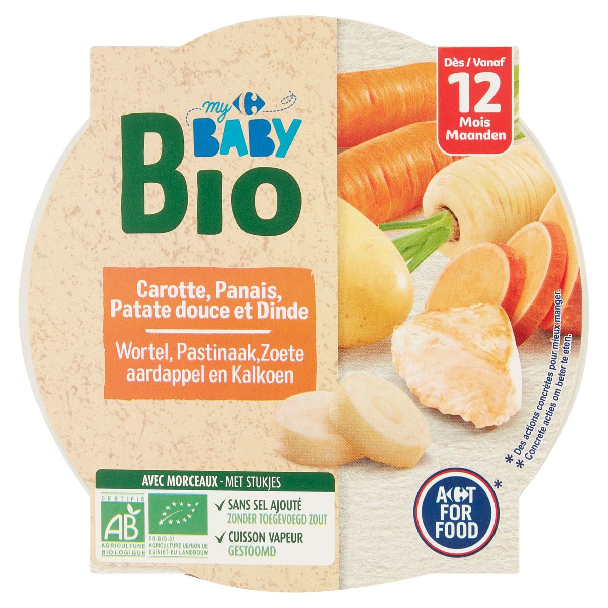 Carrefour Baby Bio Carotte, Panais, Patate Douce et Dinde 12M+ 230 g