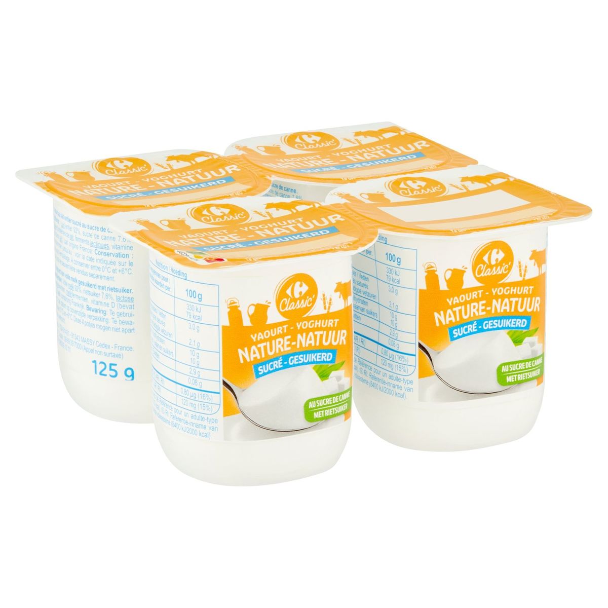 Carrefour Classic' Yoghurt Natuur Gesuikerd 4 x 125 g