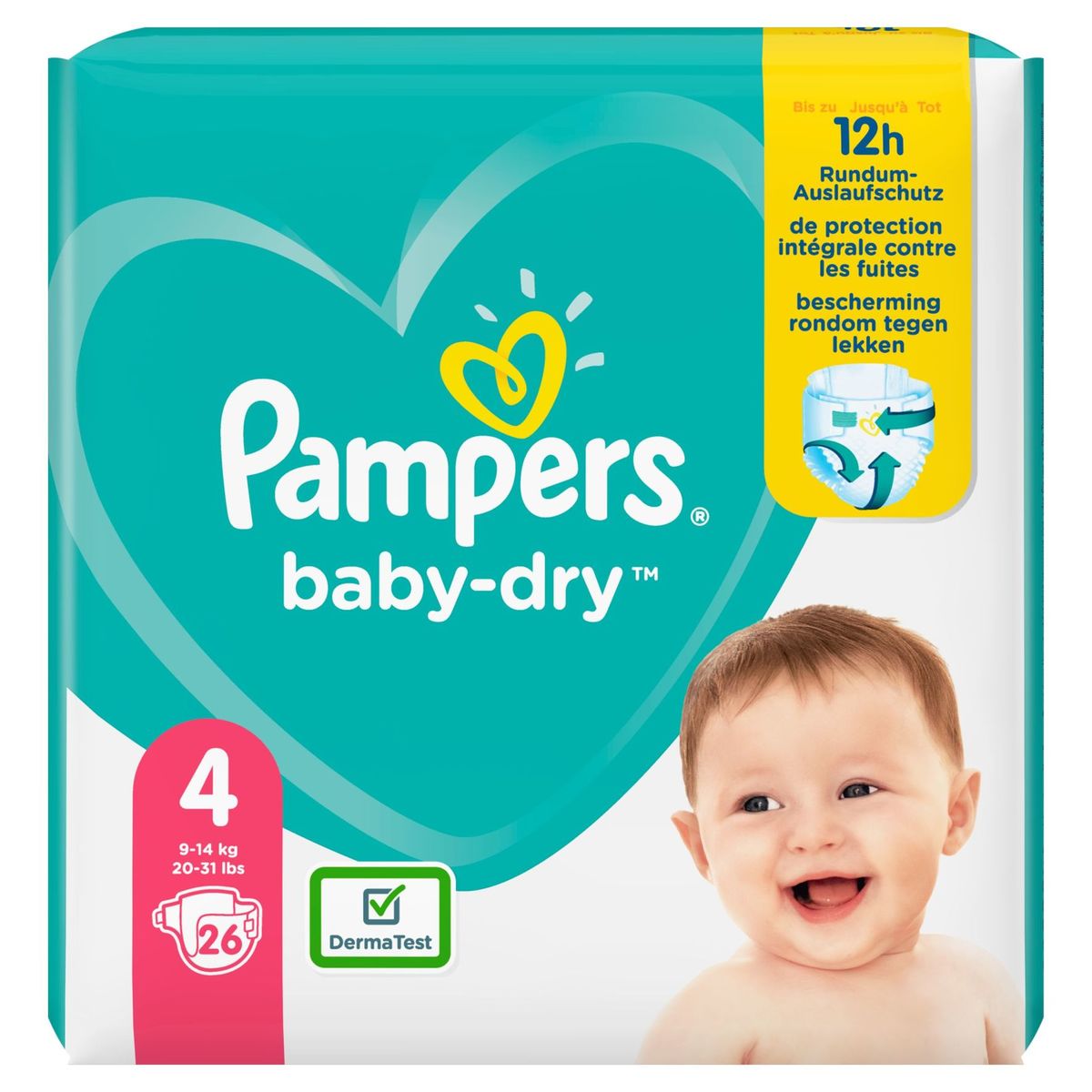 Pampers Baby-Dry Taille 4, 26 Langes, Jusqu'À 12 h De Protection, 9-14kg