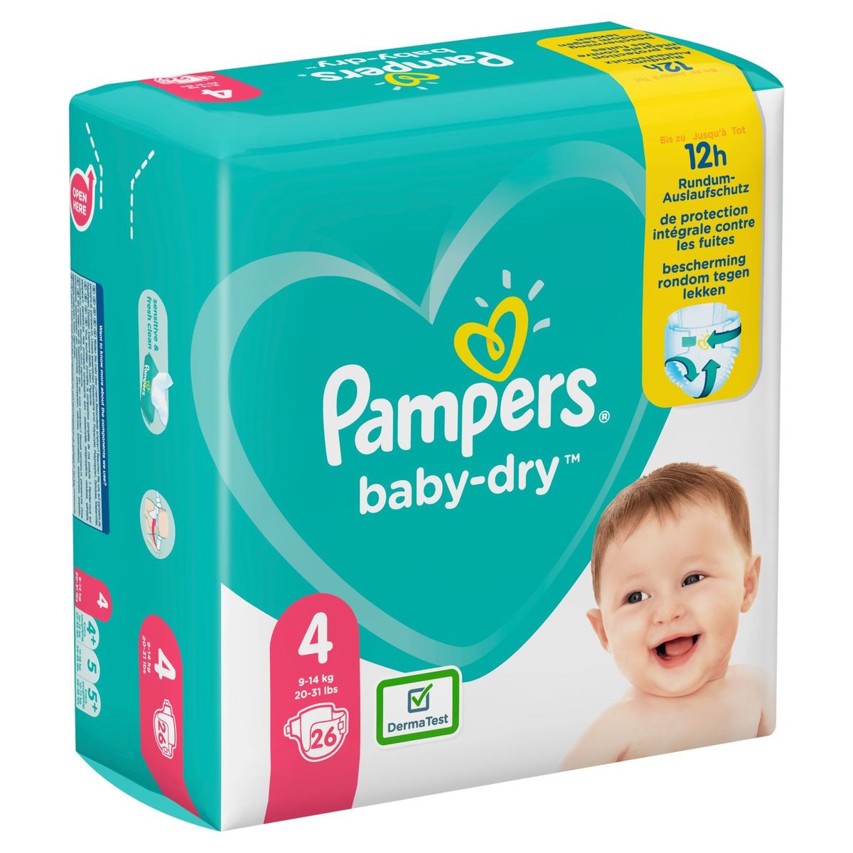 Pampers Baby-Dry Taille 4, 26 Langes, Jusqu'À 12 h De Protection, 9-14kg