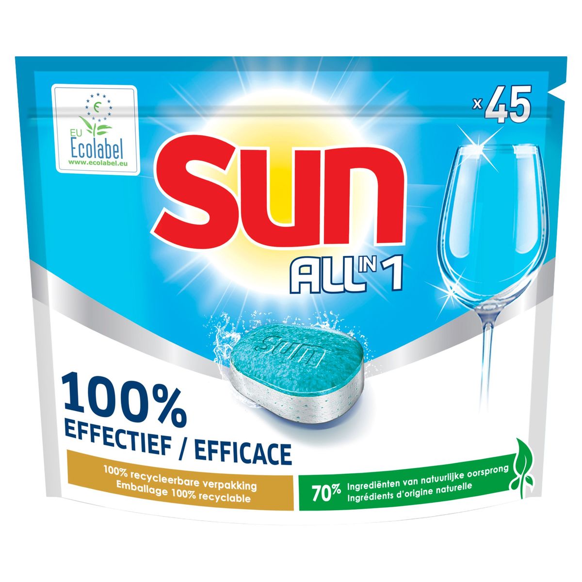 Sun Tout en 1 Tablette Lave-vaiselle Regular avec Ecolabel 45 tabs