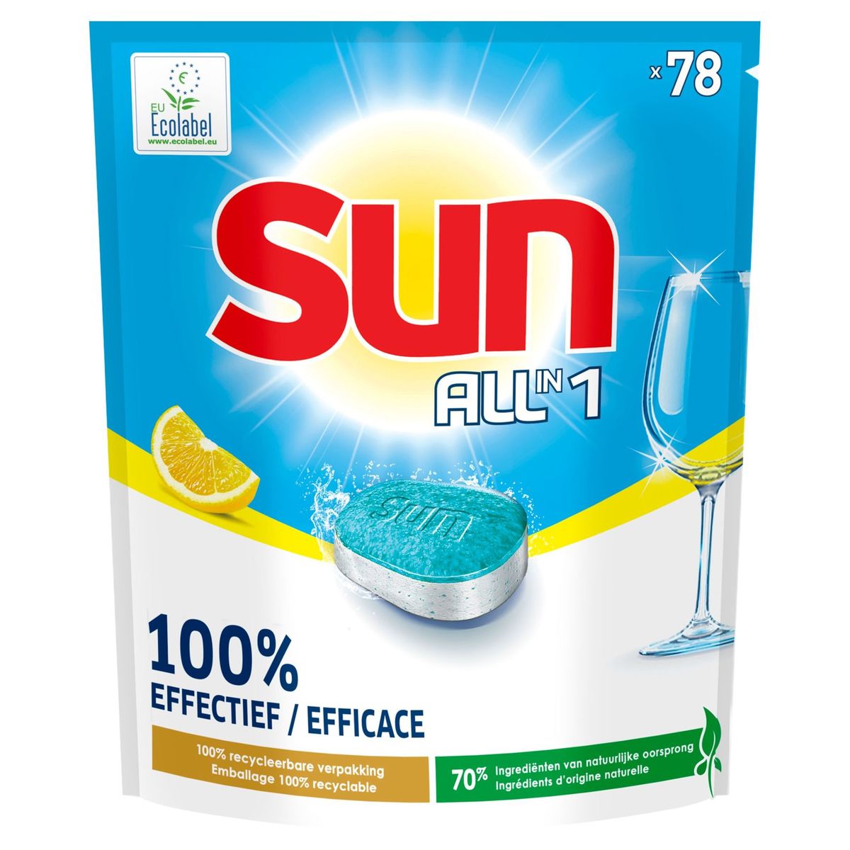 Sun Tot en 1 Tablette lave-vaisselle Citron avec Ecolabel 78 tabs
