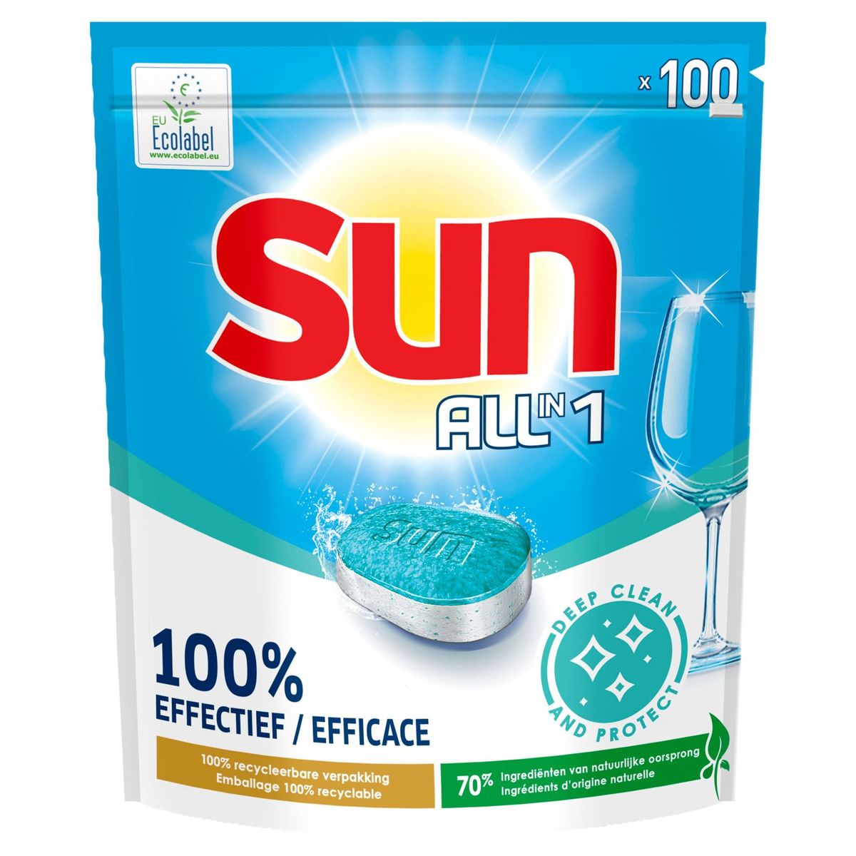 Sun Tout en 1 Tablette lave-vaisselle Hygiène avec Ecolabel 100 tabs
