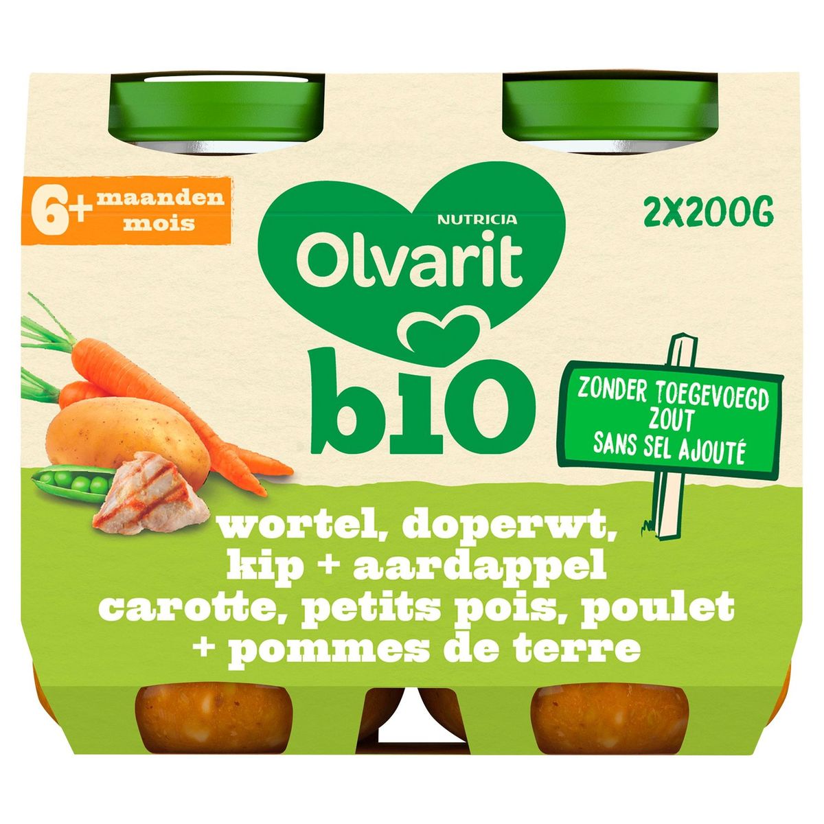 Olvarit Bio maaltijdpotje - wortel erwtjes Kip 6 maanden  2 x 200 g