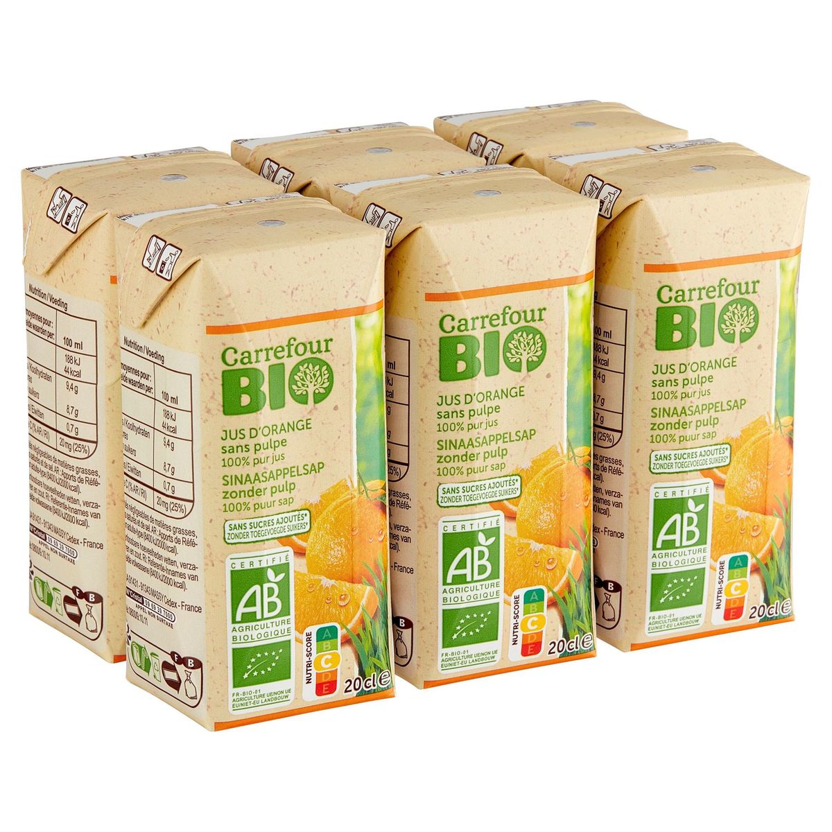 Carrefour Bio 100% Puur Geperst Fruit Sinaasappelsap Bio 6 x 20 cl