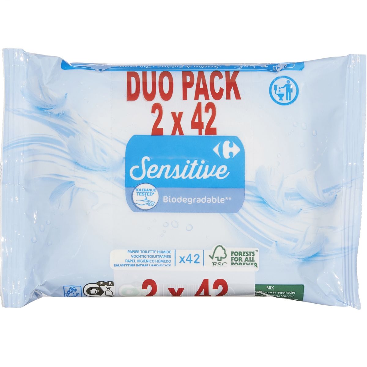 Carrefour Sensitive Vochtig Toiletpapier Duo pack 2 x 42 Stuks