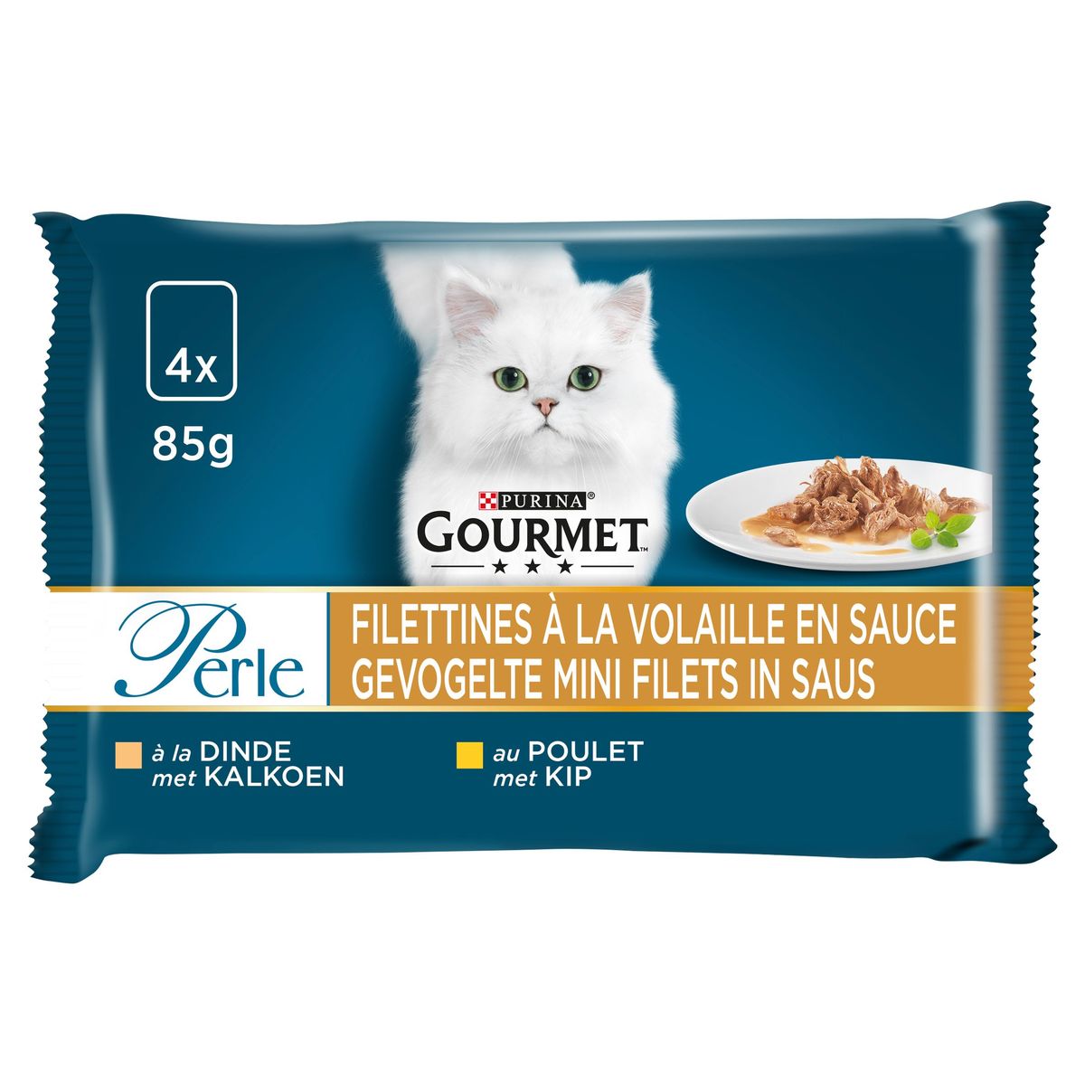 Gourmet Perle Aliment Chat Filettines en Sauce Dinde et Poulet 4x85g