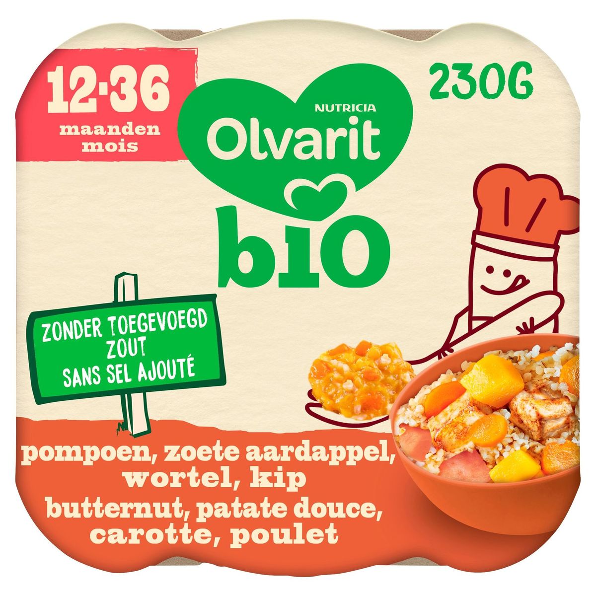 Olvarit Bio Pompoen, Zoete Aardappel, Wortel & Kip 12-36 Maanden 230 g