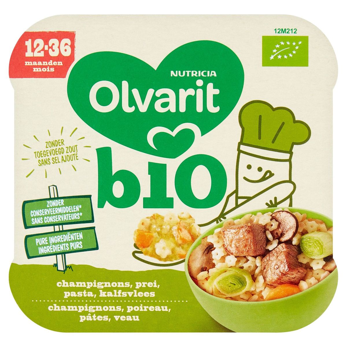 Olvarit Bio bordje champignons, prei, pasta, kalfsvlees, voor peuter's vanaf 12 maanden 230 g
