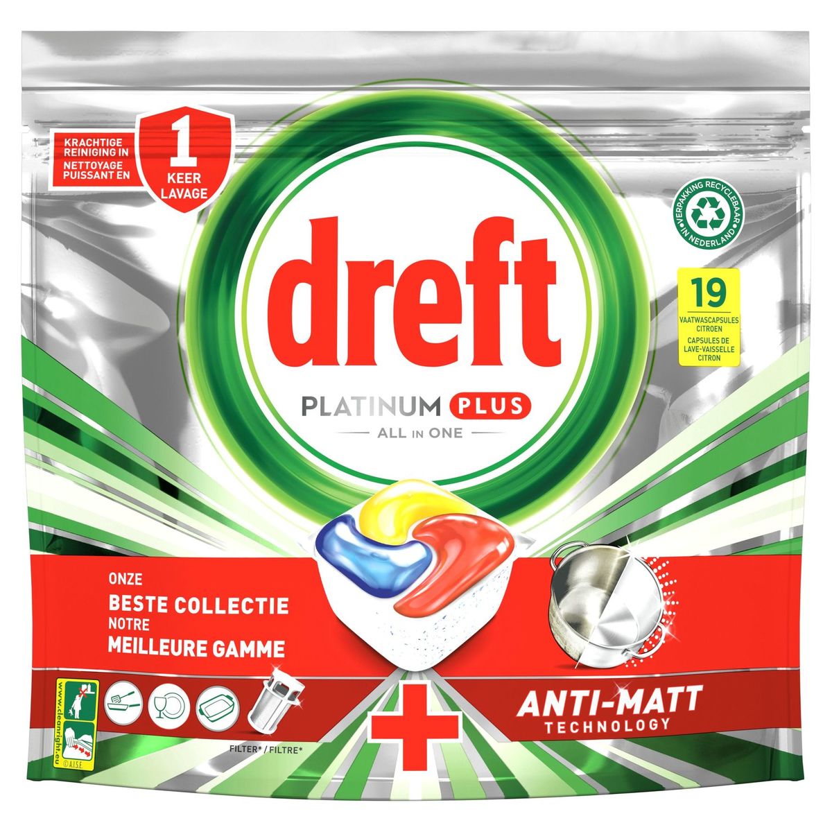 Dreft Platinum Plus All In One Citron Lave-Vaisselle 19 Capsules