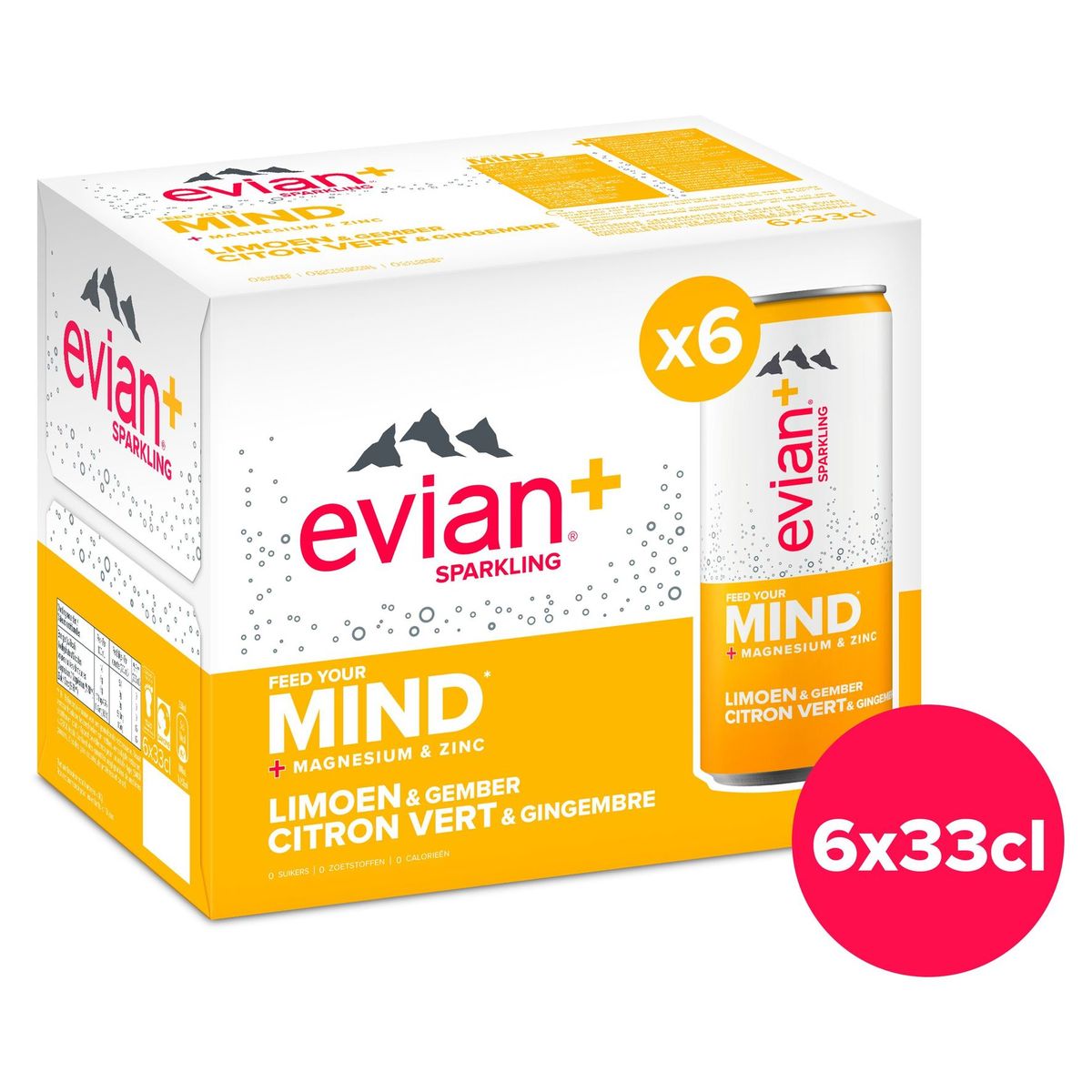 EVIAN+ Eau Minérale Pétillante Citron Vert Gingembre 6x33cl